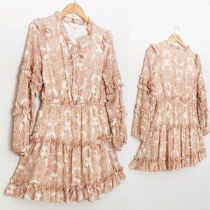 Moon River Women's M Paisley Print Tan Beige Tiered Ruffle Boho Mini Dress $118